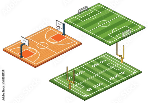 Isometric illustration showcasing four different sports fields: a basketball court, a soccer field, and two American football fields.