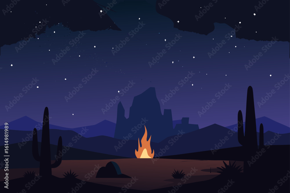 Naklejka premium Desert night scene with campfire and starry sky