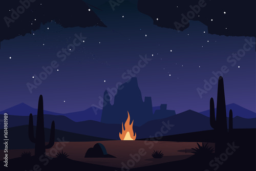 Desert night scene with campfire and starry sky