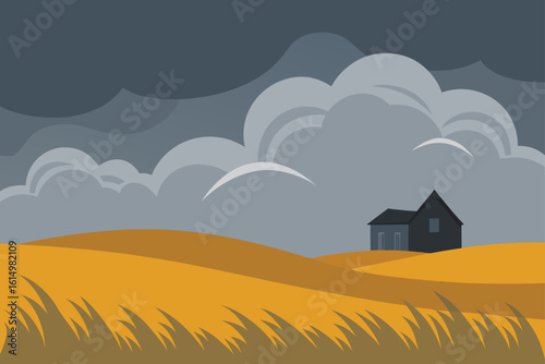 Stormy skies over a solitary farmhouse in a golden field