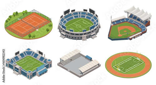 Isometric vector illustration showcasing six different sports venues: tennis court, stadium, baseball field, arena, grandstand, and football field.