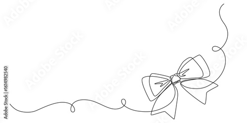 One continuous line drawing of gift ribbon red bow. Christmas and birthday present wrap. Concept of holiday and celebration eps 10