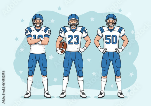 Three American football players in blue and white uniforms stand confidently against a light blue background with star accents.