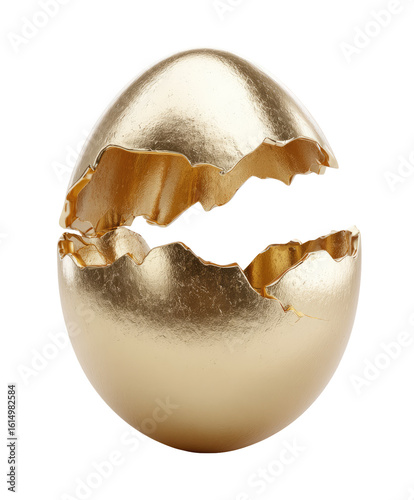 A golden egg shell, cracked open, reveals an empty interior.  A 3D rendering of a gold-colored egg, with a clean, precise crack bisecting the shell