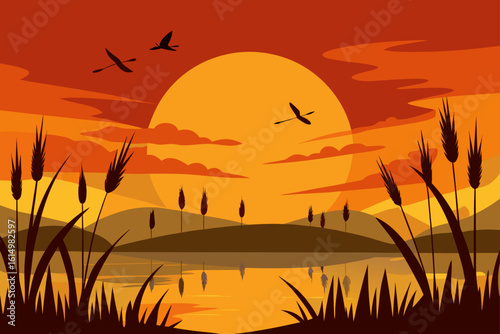 Serene sunset over water with reeds and flying birds