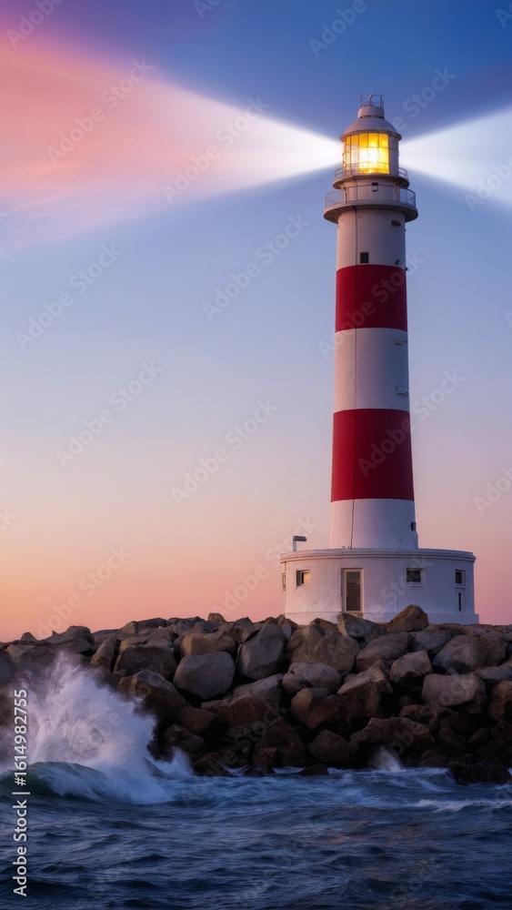 Obraz premium Scenic Lighthouse on Rugged Coast, Coastal Beauty, Guiding Light, Solitude. Perfect for maritime tourism, landscape photography, inspiration, vertical shot