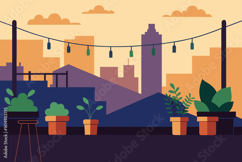 Rooftop oasis with cityscape and string lights