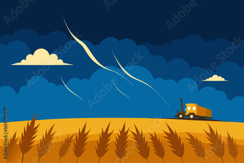 Stylized harvest scene with combine harvester under a dramatic sky