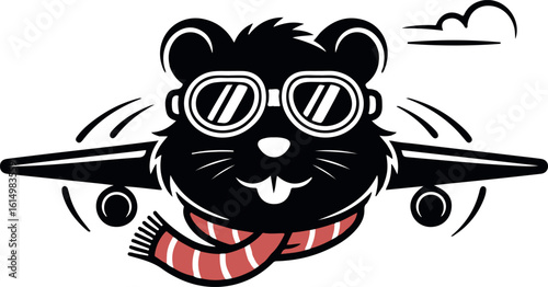 A Flying Rodent: A cute rodent sports aviator goggles and a red scarf, soaring through the sky with airplane wings attached, symbolizing adventure and fun.