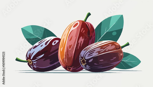 Vibrant feijoa illustration with glossy purple skin and green leaves, perfect for tropical, healthy, and eco-friendly designs. Ideal for colorful stock art.