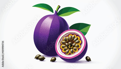 Vector illustration of whole and halved passion fruit with leaves and seeds. Fresh, ripe, and exotic tropical fruit for healthy food concepts. Isolated.
