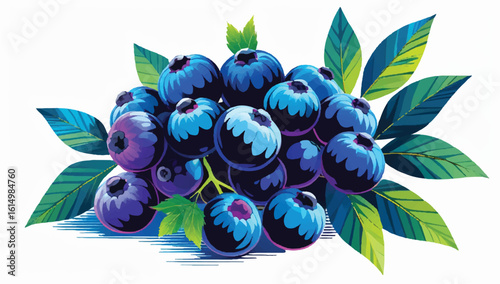 A stylized vector illustration of a blueberry cluster with leaves. Vibrant, modern art for superfood concepts, packaging, or decorative prints. Isolated.

