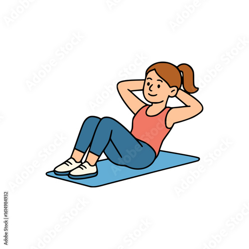 Young female character exercising abdominal crunches on blue mat, staying healthy and active in colorful cartoon style