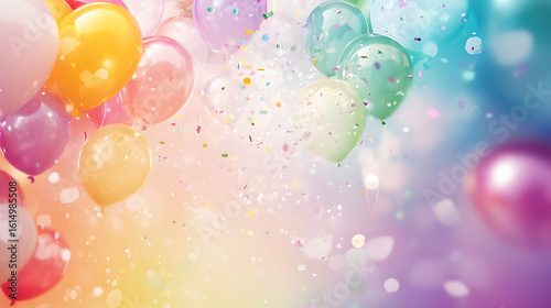 Colorful balloons with confetti against a vibrant background, perfect for celebrations and festive occasions.