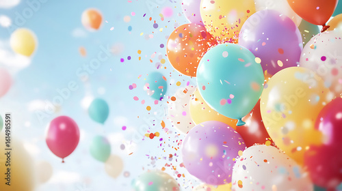 Colorful balloons float against a bright sky, surrounded by confetti, creating a festive atmosphere.