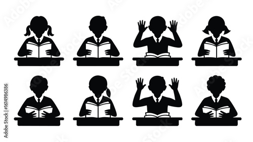 AI Generate Education Silhouettes Diverse Students Learn and Studying Illustration Minimalistic Black White School Subjects Studying Icons Concepts