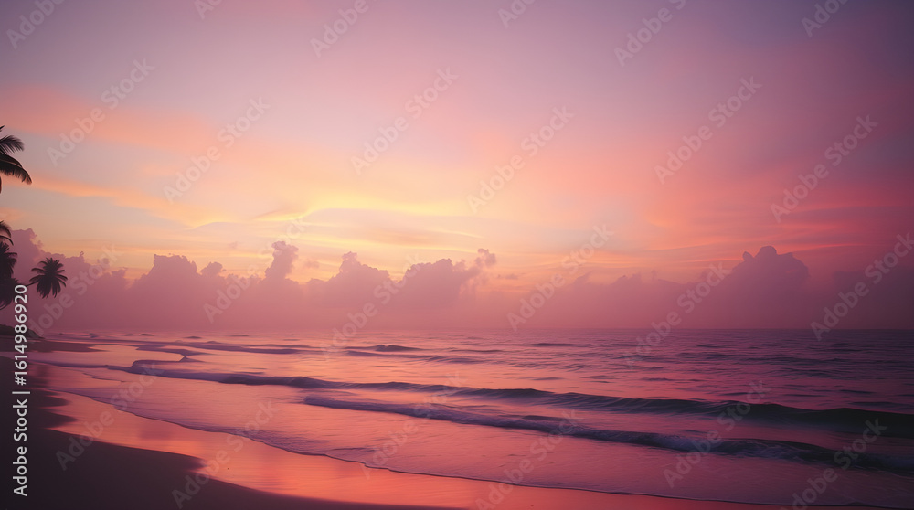 Obraz premium Serene Tropical Beach at Sunset with Hazy Pink Sky and Gentle Ocean Waves