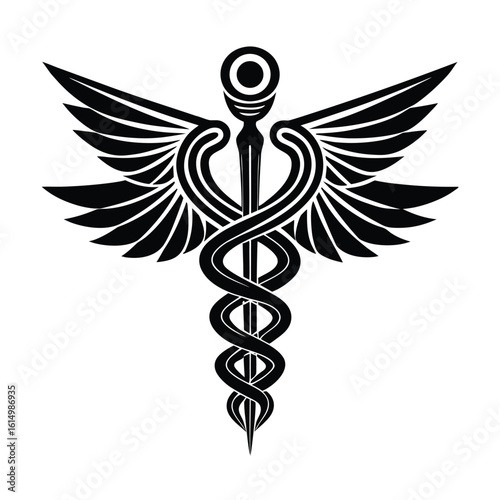 A golden caduceus medical symbol with winged snakes on a black background, perfect as a healthcare icon or pharmacy logo illustration