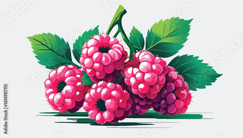 Vibrant illustration of fresh raspberries with green leaves. Ideal for food, nature, or health-themed designs.