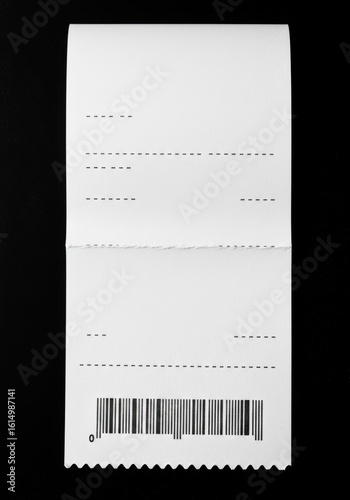 A crisp, white, blank receipt with dashed lines and a barcode, presented on a dark background