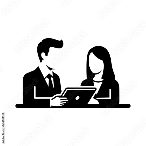 Business Meeting with Digital Tablet Silhouette Icon