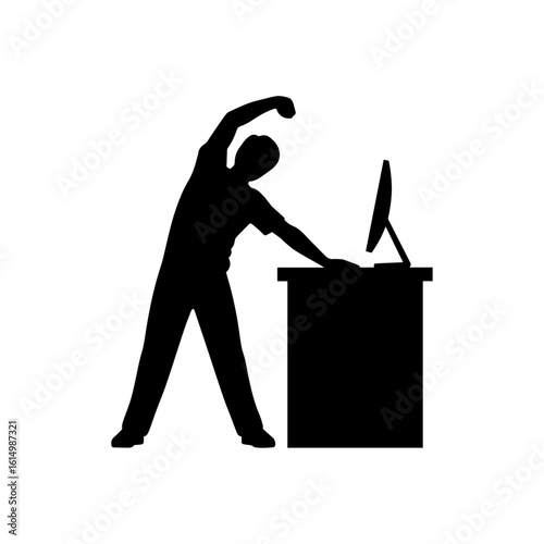 Office Worker Stretching at Desk Silhouette Icon