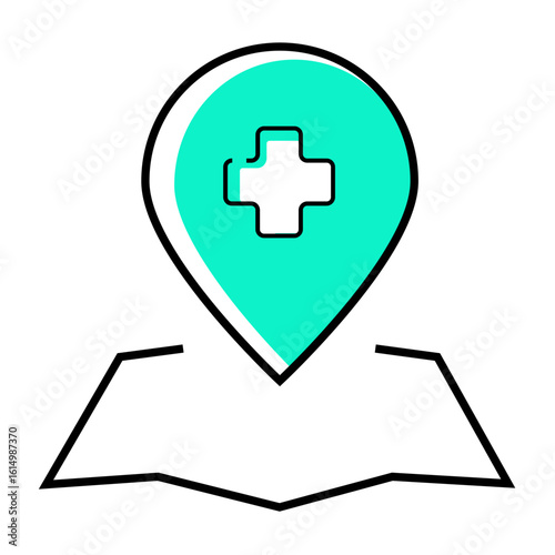 Medical clinic location pin on a map icon. Vector illustration for finding a hospital, pharmacy, or healthcare services nearby.