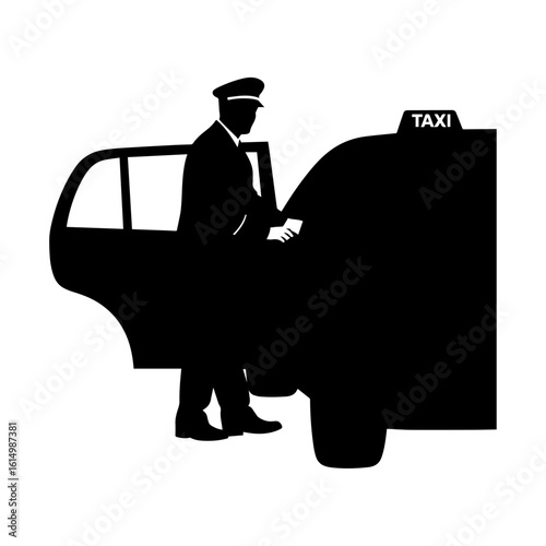 Silhouette of Taxi Driver Standing Beside Car with Open Door