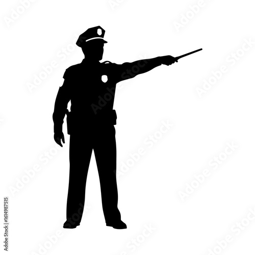 Silhouette of Police Officer Pointing Baton in Uniform