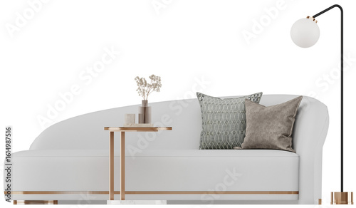 Fototapeta Naklejka Na Ścianę i Meble -  Side view of luxurious sofa with modern table and stylish lighting in minimalist home interior
