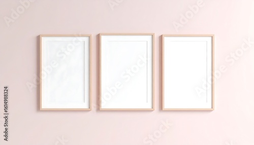 Three light beige picture frames on a pale pink wall