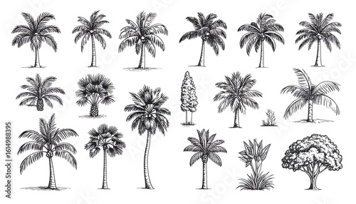 Vintage black and white palm tree illustrations