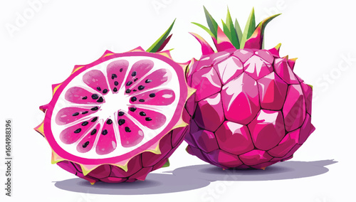 A vibrant vector illustration of whole and halved pink dragon fruit (pitaya). Exotic, tropical superfood for healthy eating concepts. Isolated on white.
