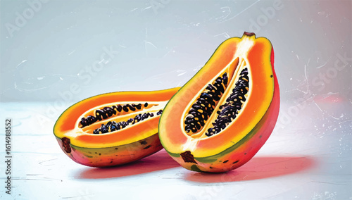 Vibrant illustration of sliced papayas with orange flesh and black seeds. Perfect for food, tropical, or health-themed designs.