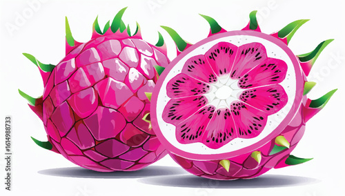 Stylized vector illustration of a whole and halved pink dragon fruit (pitaya). Vibrant, exotic superfood for healthy eating concepts. Isolated on white.

