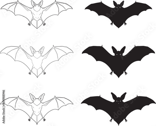 Six stylized bats flying with detailed wings silhouette