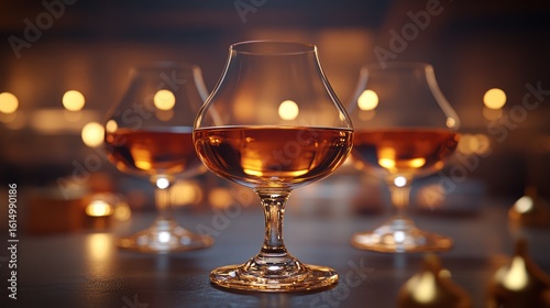 Three brandy glasses filled with amber liquid, displayed near warm candles, in a dimly lit room, with a fireplace in soft focus