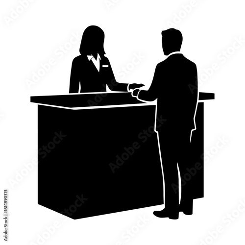 Hotel Receptionist and Guest Silhouette – Front Desk Interaction for Check-in Service