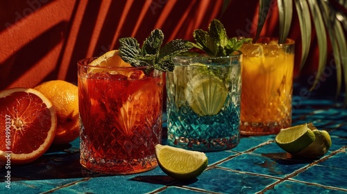 Three colorful cocktails in ornate glasses, garnished with fresh fruit and mint, sitting on a teal-blue tiled surface under a warm sunlight