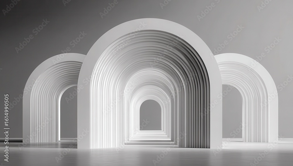 Fototapeta premium White arches, layered, leading to a light gray space