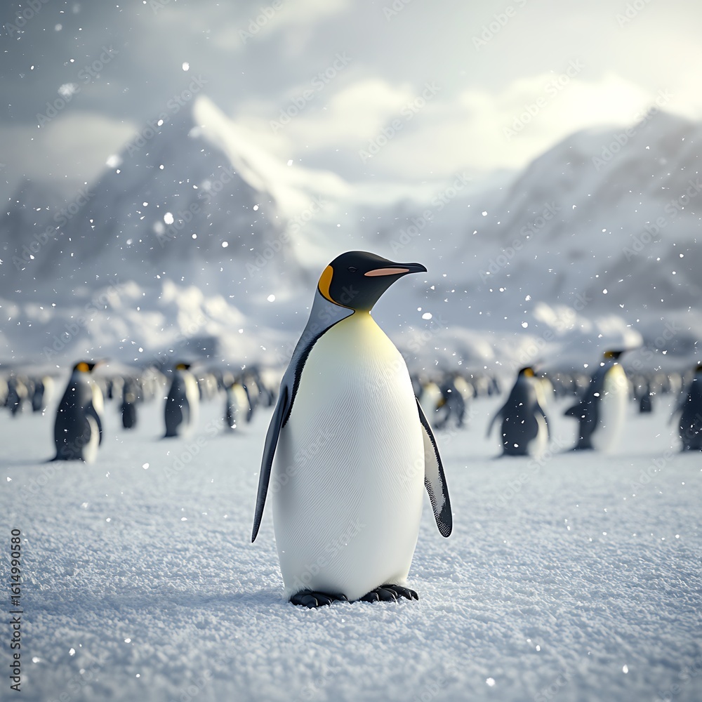 Obraz premium Winter sunrise behind penguins in icy flower field high resolution picture