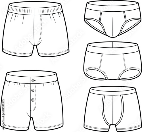  Men's Underwear Assortment Technical Drawing Vector Illustration, Boxer Shorts, Briefs, and Trunks Flat Sketches, Fashion Design Template for Digital or Print.
