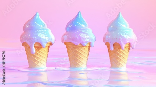 Three pastel-colored ice cream cones, dripping with melted ice cream, sit on a swirled pink and light blue surface