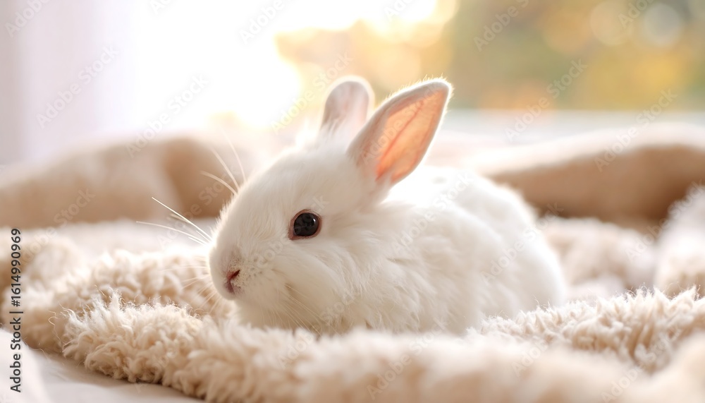 Fluffy white bunny on a beige blanket in sunlight Fluffy white bunny on a beige blanket in sunlight