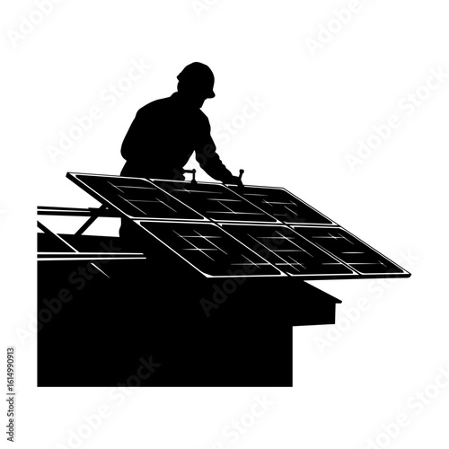 Silhouette of Worker Installing Solar Panels on Rooftop – Renewable Energy Vector Illustration
