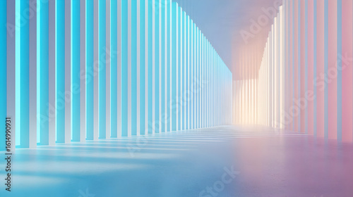 Empty, pastel-toned corridor with glowing pillars. Soft light creates a serene and futuristic atmosphere