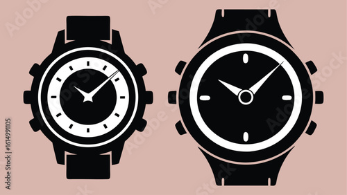Sleek black metal men's luxury wristwatch vector illustration with a silver dial and chrome details for business accessory