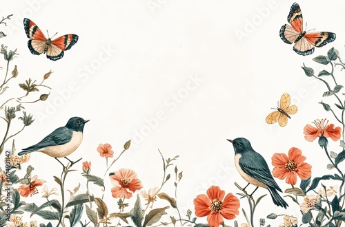 A floral border with birds and butterflies on a white background