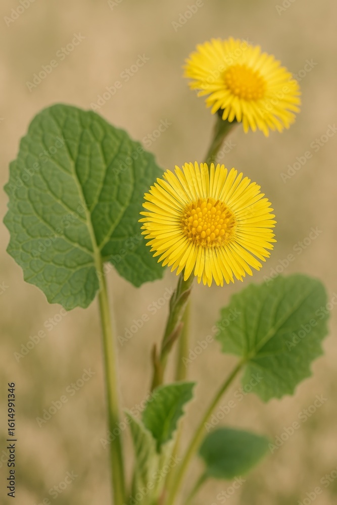 Obraz premium Vibrant Yellow Flowers Bloom in Spring with Broad Green Leaves