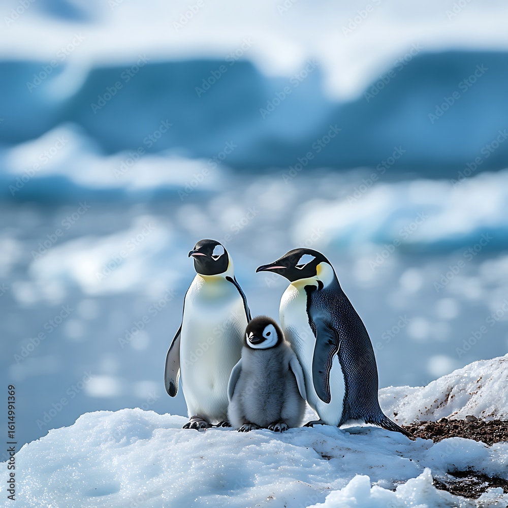 Fototapeta premium Young penguin with parents on icy surface high resolution picture